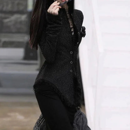 Elegant Sort Tweedjakke | Glitrende Slim Fit | Efterår & Vinter