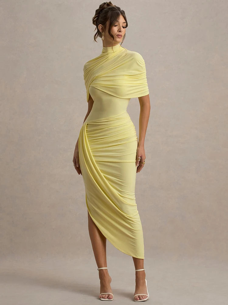 Half Sleeve Maxikjole | Backless & Rynket | Turtleneck A-Linje Kjole