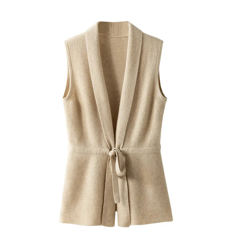 Dame strikvest i ren uld | V-udskæring | Ærmeløs cardigan med bindebånd