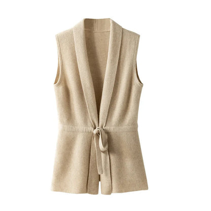 Dame strikvest i ren uld | V-udskæring | Ærmeløs cardigan med bindebånd