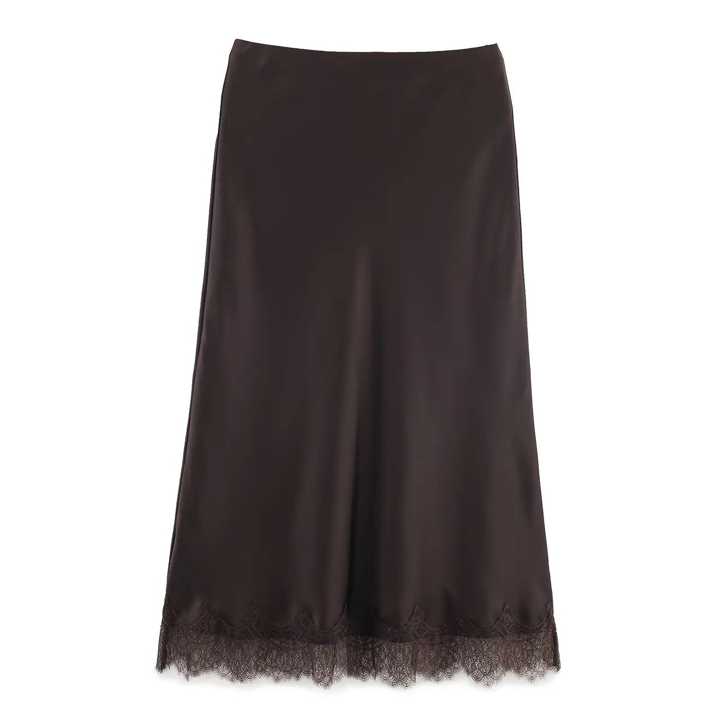 Todelt satinsæt til kvinder | Off-Shoulder cami-top og midi-nederdel med blonde