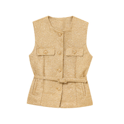 Ærmeløs vest til kvinder | Elegant taljeret design med bælte og guldknapper