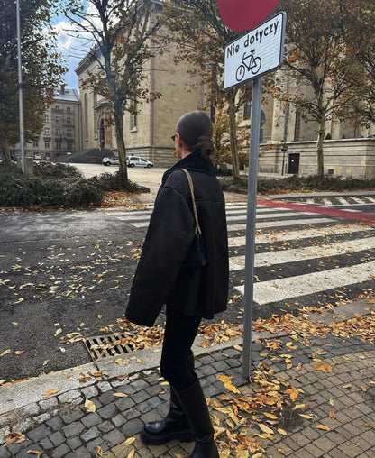 Damejakke med fåreskindslook | Dobbeltkrave | Oversized vinterjakke