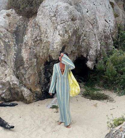 Maxi Kjole til Kvinder | V-hals | Flare Ærmer | Lang Løs Strandkjole