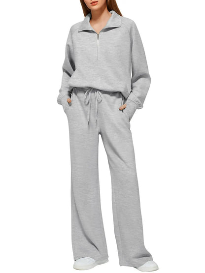 Dame Jogging Sæt | Halv Lynlås Sweatshirt & Vide Bukser | Komfortabelt & Stilrent To-delt Sæt