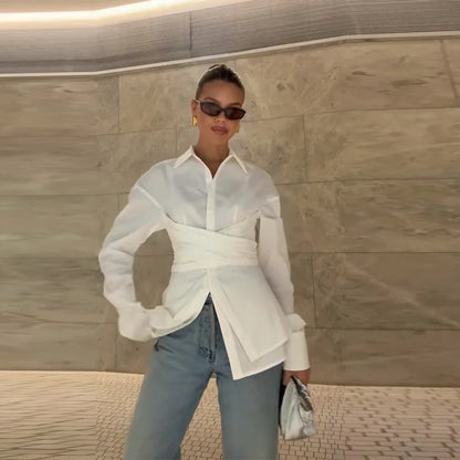 Langærmet Dame Bomuld Skjorte | Turn-Down Krave | Enkel Knaplukning | Slim Fit Afslappet Top