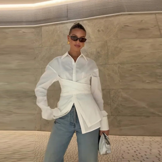 Langærmet Dame Bomuld Skjorte | Turn-Down Krave | Enkel Knaplukning | Slim Fit Afslappet Top