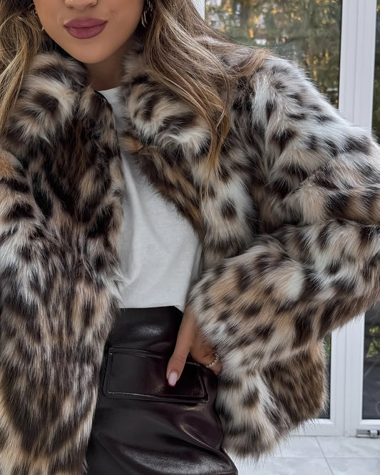 Kort faux fur jakke til kvinder | Leopardmønster