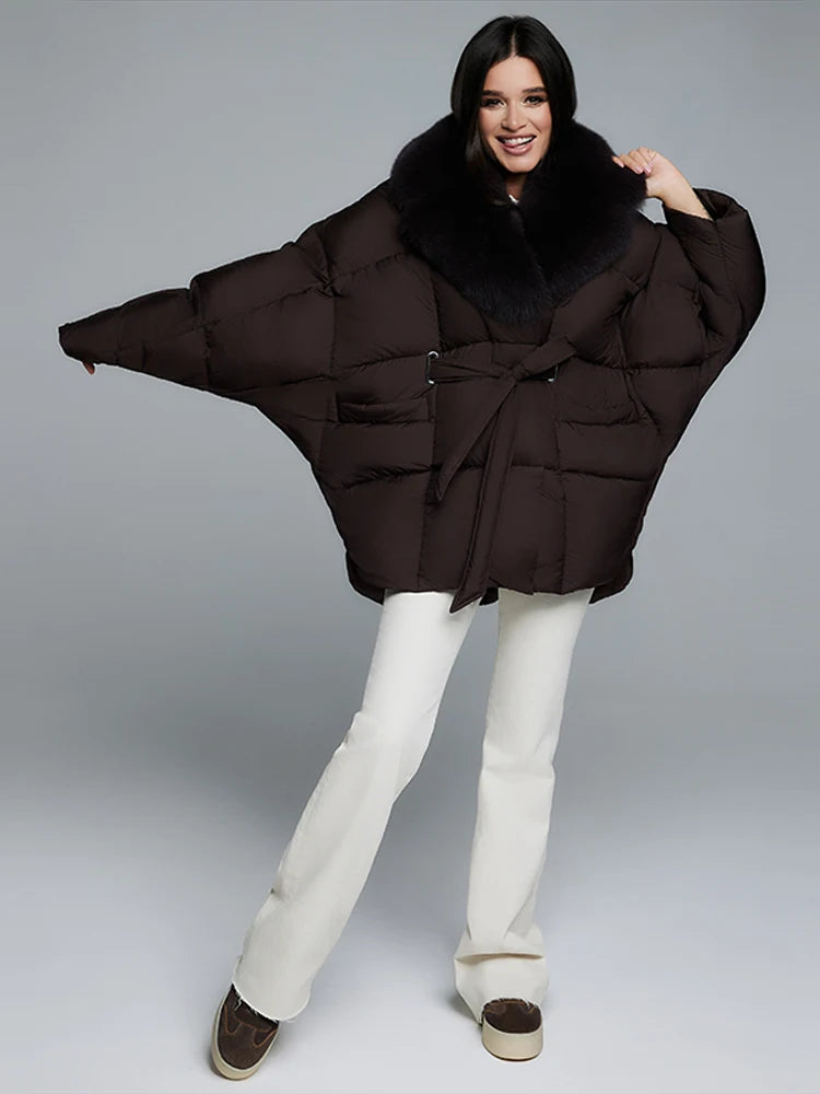 Elegant Padded Jakke Med Faux Fur Krave Og Bindebånd