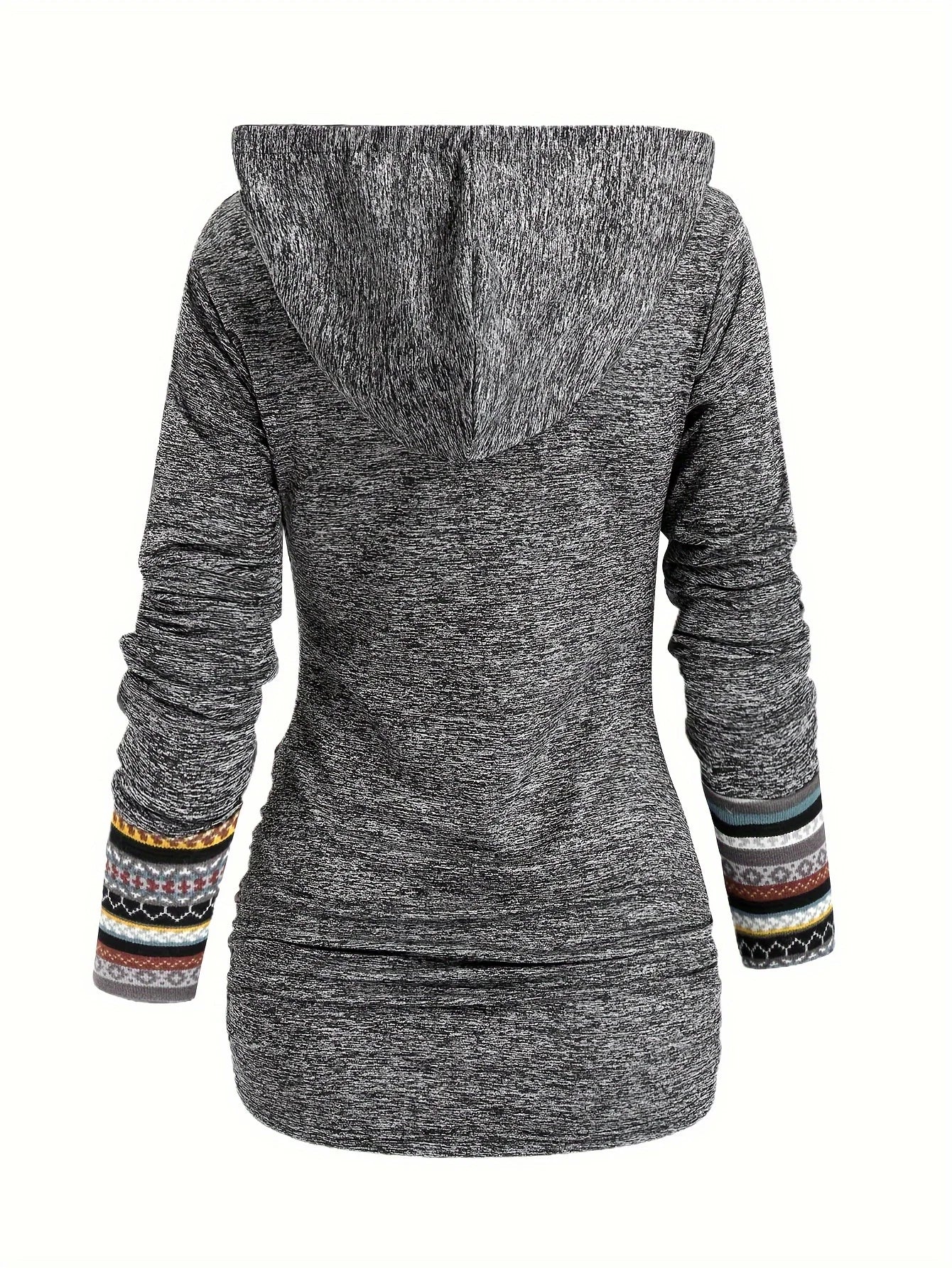 Stilfuld hættetrøje med print, lange ærmer, stribet patchwork og knapdetaljer til kvinder