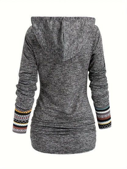 Stilfuld hættetrøje med print, lange ærmer, stribet patchwork og knapdetaljer til kvinder