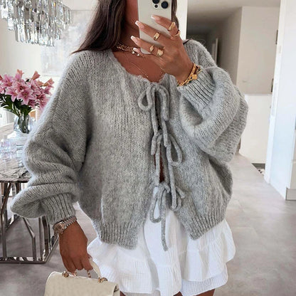 Dame Cardigan med Sløjfedetaljer | Blødt Strik | Åben Front & Lange Ærmer