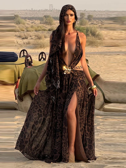 Maxi kjole med patchwork og halterneck | Elegant og feminin silhuet