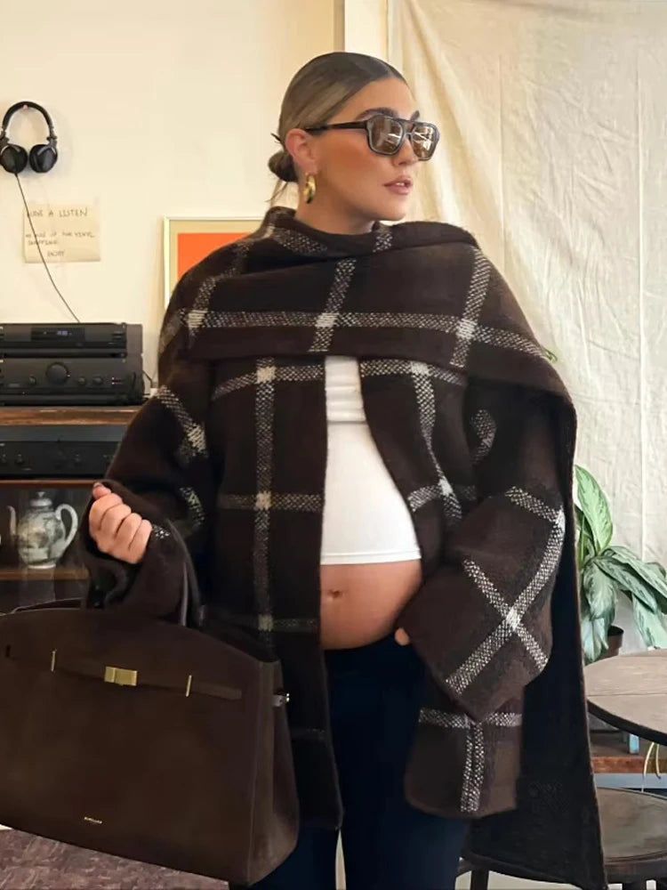 Lang ternet frakke med integreret tørklæde | Elegant vinterfrakke til kvinder