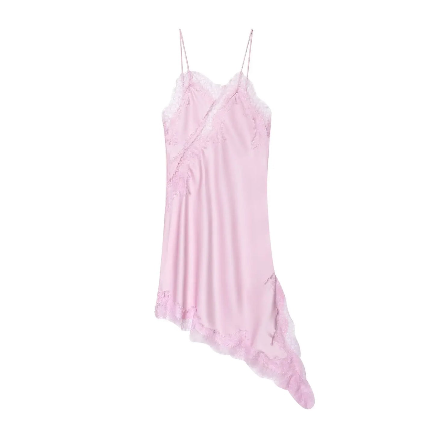 Satin mini kjole til kvinder | Asymmetrisk snit | Blonder & stropper