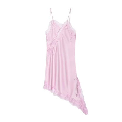 Satin mini kjole til kvinder | Asymmetrisk snit | Blonder & stropper