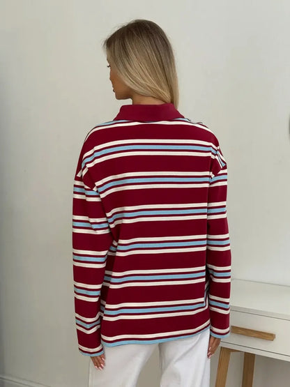 Langærmet T-shirt til Kvinder | Button Lapel | Stribet Casual Top | Slim Fit