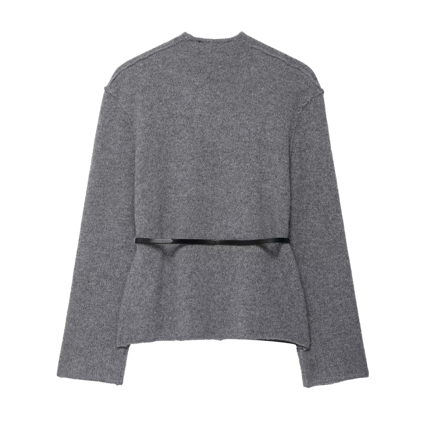 Elegant cardigan med v-udskæring, bælte og tidløs uldinspireret struktur