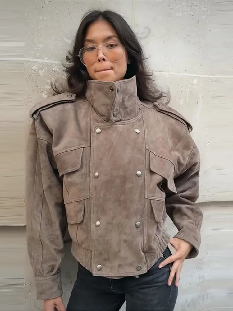 Elegant Suede-Inspireret Safari Bomberjakke Med Standkrave