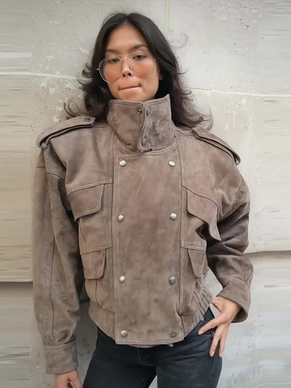 Elegant Suede-Inspireret Safari Bomberjakke Med Standkrave