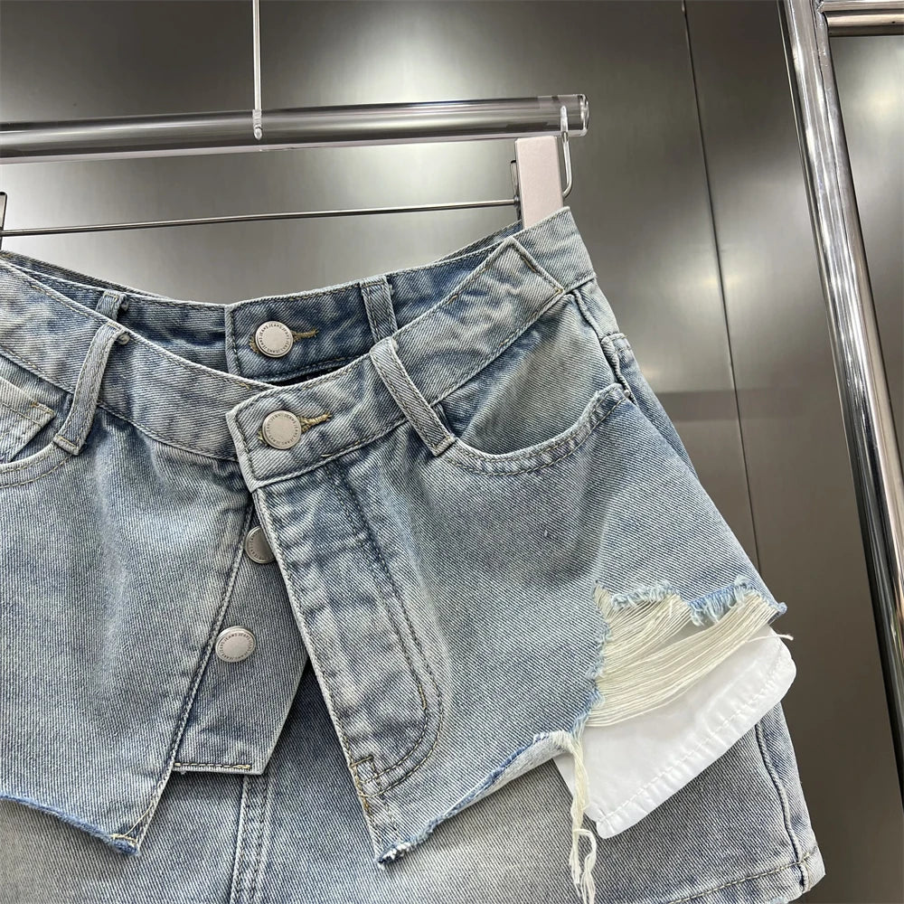 Kvinders denim mininederdel | Lag-på-lag look | Rå kanter & A-form