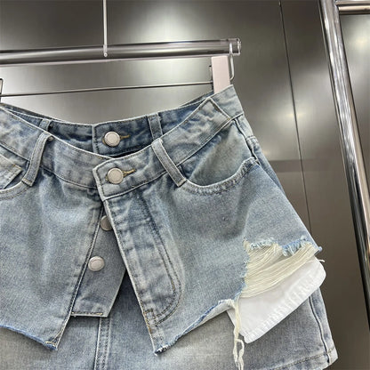 Kvinders denim mininederdel | Lag-på-lag look | Rå kanter & A-form