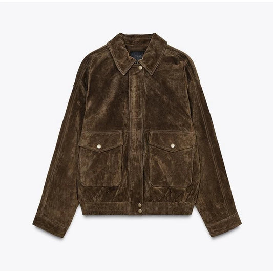 Kort Damejakke i Ruskind-look | Lynlås & Klassisk Krave | Vintage Stil til Efterår & Vinter