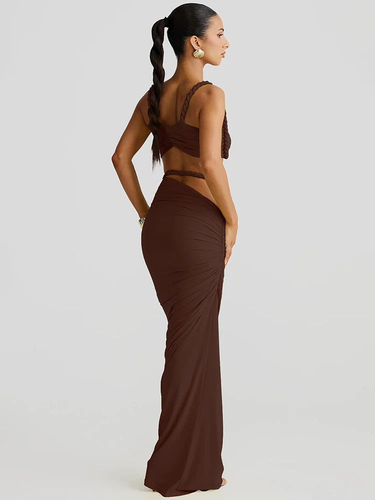 Vævet todelt sæt med crop top og maxinederdel | Elegant ferielook