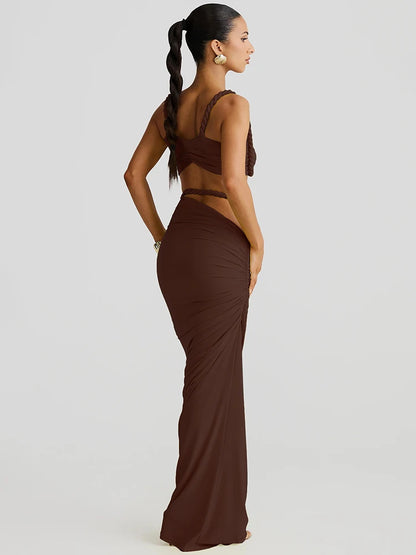 Vævet todelt sæt med crop top og maxinederdel | Elegant ferielook