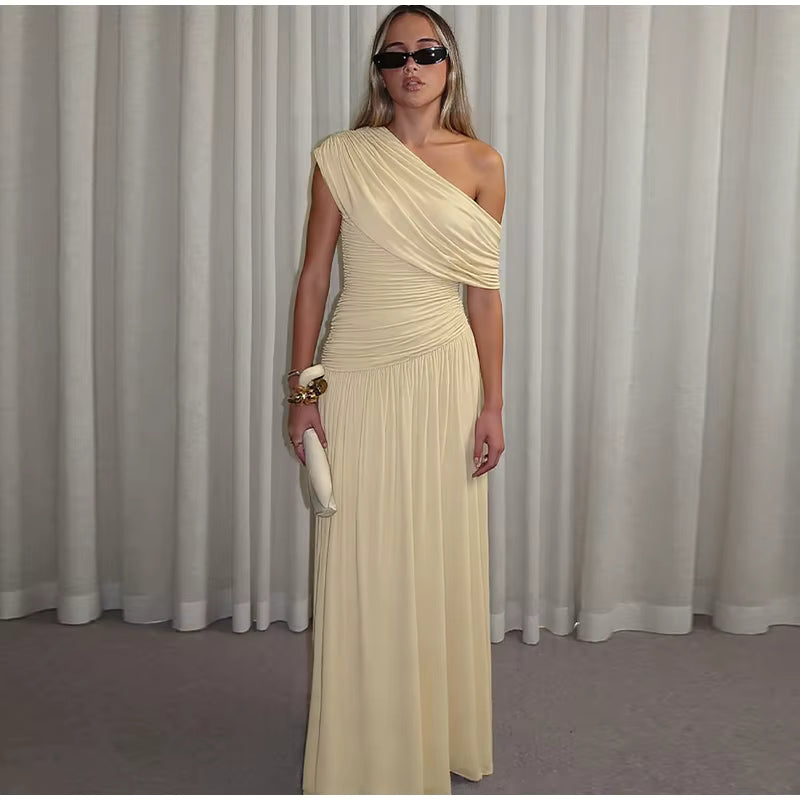Elegant Lang Kjole til Kvinder | Asymmetrisk Skulder | Foldedesign