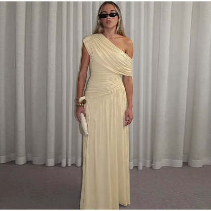 Elegant Lang Kjole til Kvinder | Asymmetrisk Skulder | Foldedesign