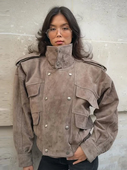 Elegant Suede-Inspireret Safari Bomberjakke Med Standkrave