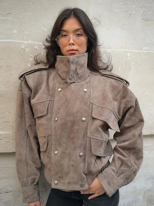 Elegant Suede-Inspireret Safari Bomberjakke Med Standkrave
