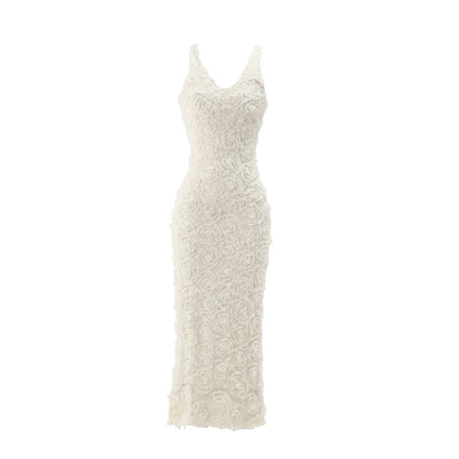 Elegant Maxi Kjole | 3D Blomster & See-Through Silhuet