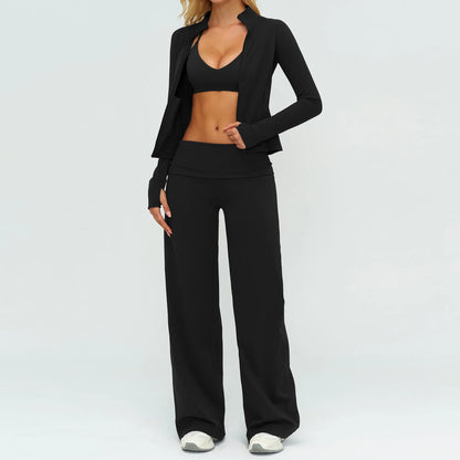 Elegant 3-delt træningssæt med jakke, top og vide bukser til kvinder