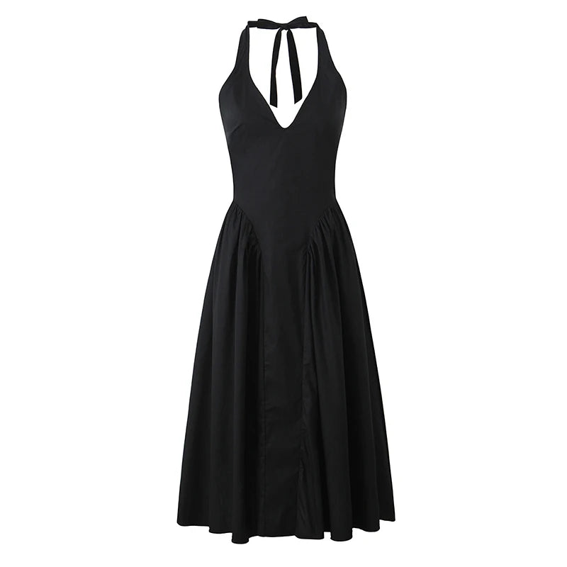 Halter midi kjole – Dyb V-udskæring | Åben ryg | Lav talje | A-line skørt | Elegant til events