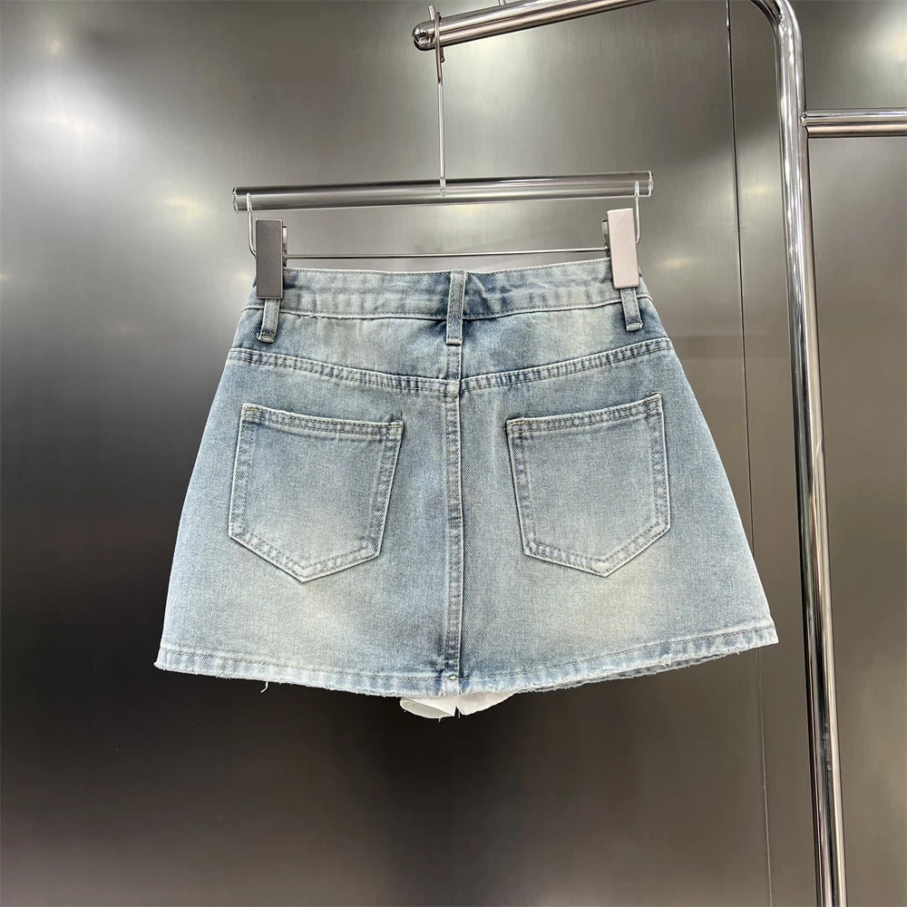 Kvinders denim mininederdel | Lag-på-lag look | Rå kanter & A-form