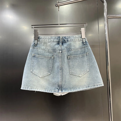 Kvinders denim mininederdel | Lag-på-lag look | Rå kanter & A-form