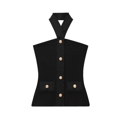 Elegant todelt buksedragt med flare bukser og halterneck top