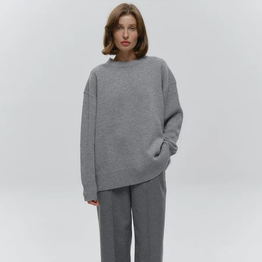 Oversized strikket O-hals sweater til kvinder med afslappet pasform