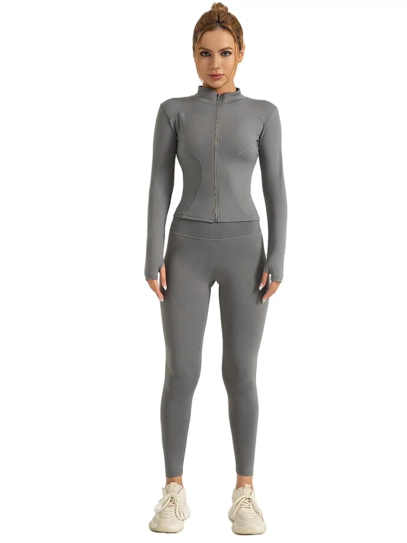 Kvinders todelt træningssæt | Lynlåsjakke med høj hals og højtaljede leggings