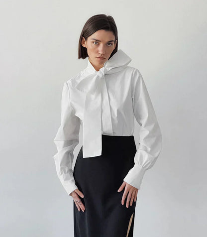Dame Skjorte med Sløjfedetalje | Klassisk Hvid Bluse | Let & Elegant Pasform