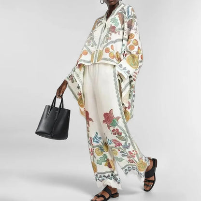 Mønstret todelt sæt til kvinder med oversized top og vide bukser