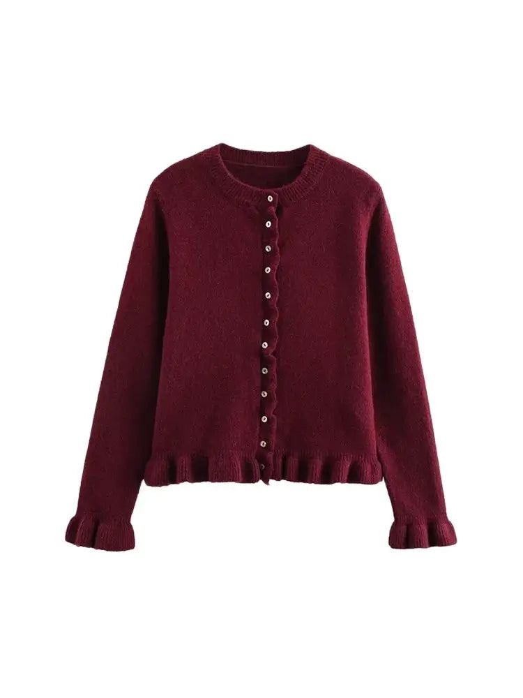 Strikket cardigan til kvinder | Flæsedetaljer og knaplukning | Elegant hverdagsstrik