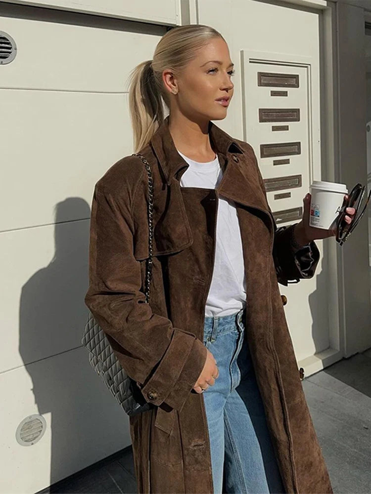 Kvinders lang ruskindsjakke | Klassisk design | Bælte i taljen | Retro