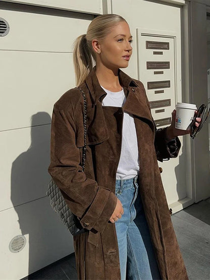 Kvinders lang ruskindsjakke | Klassisk design | Bælte i taljen | Retro