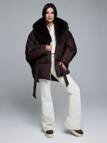 Elegant Padded Jakke Med Faux Fur Krave Og Bindebånd