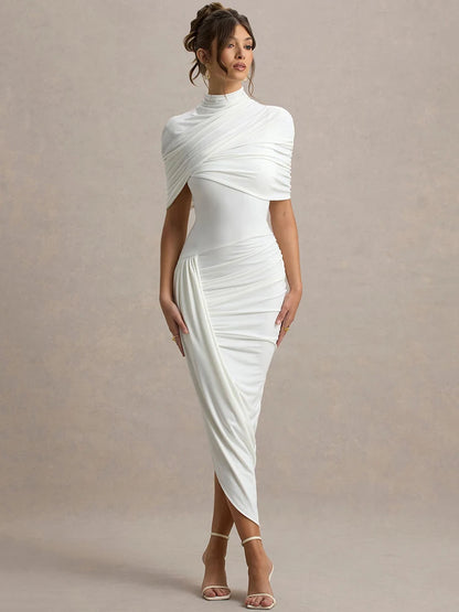 Half Sleeve Maxikjole | Backless & Rynket | Turtleneck A-Linje Kjole
