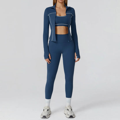 Figurformende 3-delt yogasæt med jakke, top og leggings til kvinder