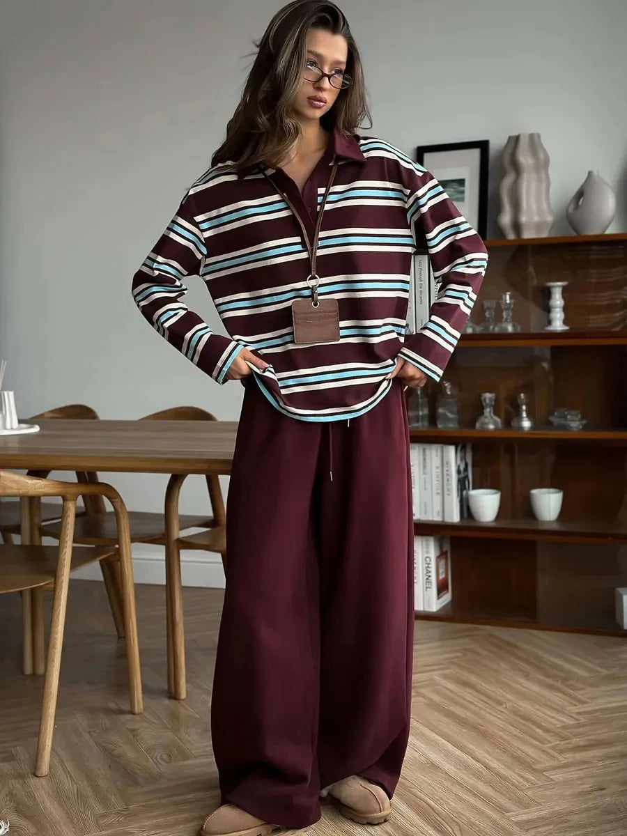 Langærmet T-shirt til Kvinder | Button Lapel | Stribet Casual Top | Slim Fit